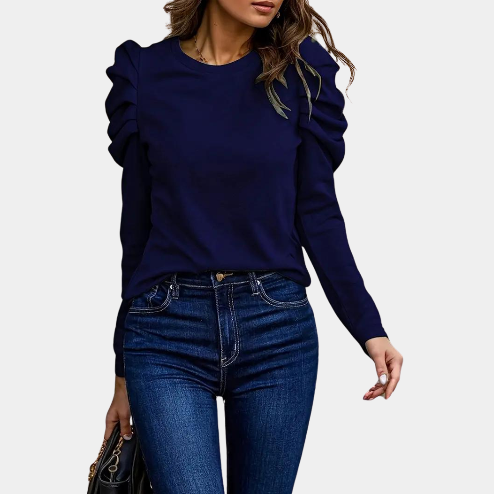 Women's Blouse - Puff Sleeve - Round Neck - Button Cuff - Elegant Fitted Design