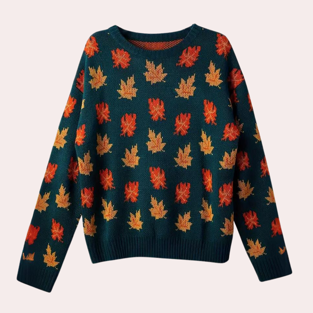 Women's Knitted Sweater - Leaf Pattern - Round Neck - Long Sleeve - Ribbed Cuffs