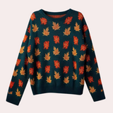 Women's Knitted Sweater - Leaf Pattern - Round Neck - Long Sleeve - Ribbed Cuffs