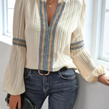 Women’s Blouse – Relaxed Fit – Lace Trim – Ruffled Collar – Pleated Long Sleeve