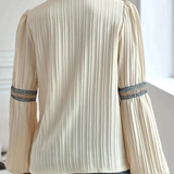 Women’s Blouse – Relaxed Fit – Lace Trim – Ruffled Collar – Pleated Long Sleeve