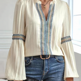 Women’s Blouse – Relaxed Fit – Lace Trim – Ruffled Collar – Pleated Long Sleeve