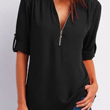 Women’s Blouse – Relaxed Fit – V-Neck Zip – Roll-Tab Sleeve – Breathable Blend