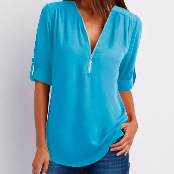 Women’s Blouse – Relaxed Fit – V-Neck Zip – Roll-Tab Sleeve – Breathable Blend