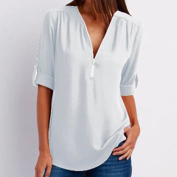 Women’s Blouse – Relaxed Fit – V-Neck Zip – Roll-Tab Sleeve – Breathable Blend