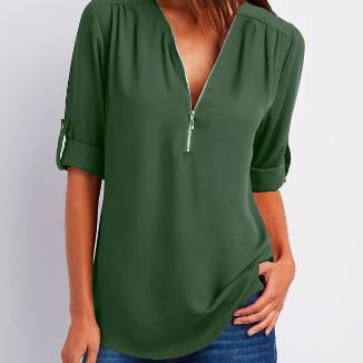 Women’s Blouse – Relaxed Fit – V-Neck Zip – Roll-Tab Sleeve – Breathable Blend