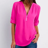 Women’s Blouse – Relaxed Fit – V-Neck Zip – Roll-Tab Sleeve – Breathable Blend