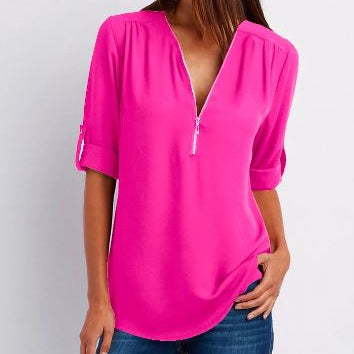 Women’s Blouse – Relaxed Fit – V-Neck Zip – Roll-Tab Sleeve – Breathable Blend
