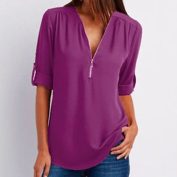 Women’s Blouse – Relaxed Fit – V-Neck Zip – Roll-Tab Sleeve – Breathable Blend