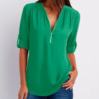 Women’s Blouse – Relaxed Fit – V-Neck Zip – Roll-Tab Sleeve – Breathable Blend