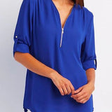 Women’s Blouse – Relaxed Fit – V-Neck Zip – Roll-Tab Sleeve – Breathable Blend