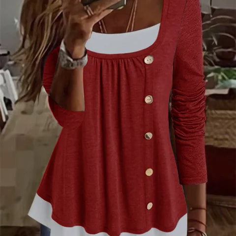 Women's Long-Sleeve Top - Square Neck - Decorative Buttons - Layered Hem
