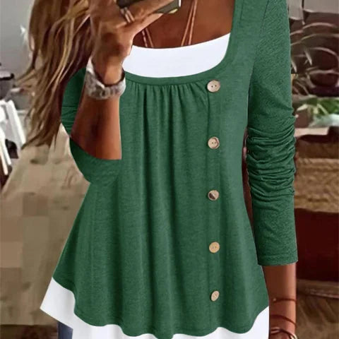Women's Long-Sleeve Top - Square Neck - Decorative Buttons - Layered Hem