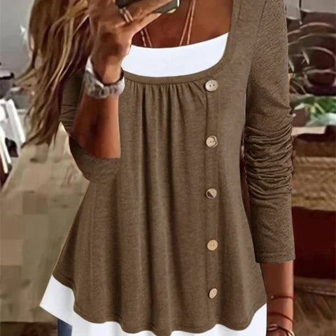Women's Long-Sleeve Top - Square Neck - Decorative Buttons - Layered Hem