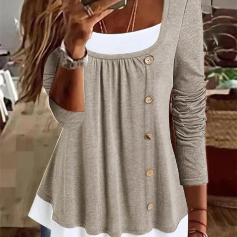 Women's Long-Sleeve Top - Square Neck - Decorative Buttons - Layered Hem