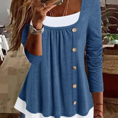 Women's Long-Sleeve Top - Square Neck - Decorative Buttons - Layered Hem