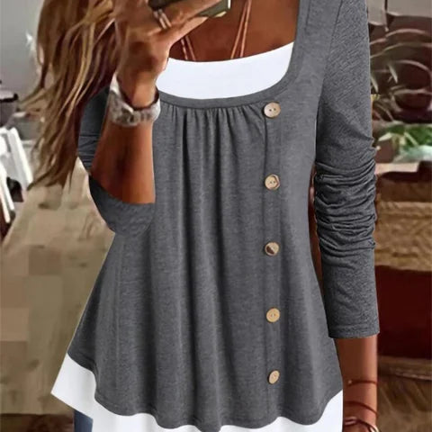 Women's Long-Sleeve Top - Square Neck - Decorative Buttons - Layered Hem