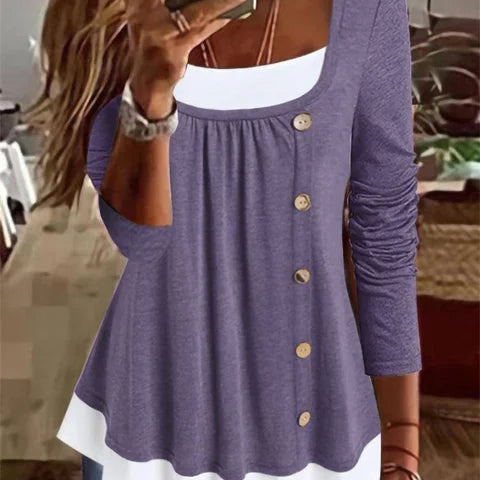 Women's Long-Sleeve Top - Square Neck - Decorative Buttons - Layered Hem