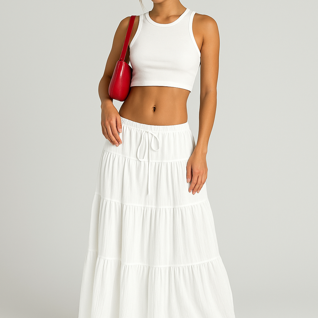 Women’s Long Skirt – Cotton Blend – A-Line Fit – Tiered Layers – Drawstring Waist