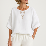 Women’s Oversized Blouse – Cotton Linen Blend – Drop Shoulder – Round Neck – Hip Length