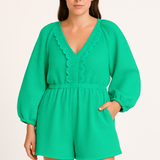 Women’s Romper – Soft Cotton Blend – V-Neck – Puff Sleeves – Ruffle Trim – Pockets