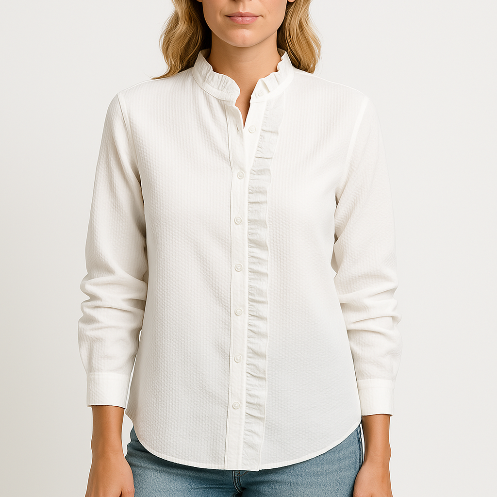Women’s Blouse – Relaxed Fit – Textured Fabric – Long Sleeve – Button Front with Ruffle Trim