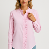 Women’s Blouse – Relaxed Fit – Textured Fabric – Long Sleeve – Button Front with Ruffle Trim