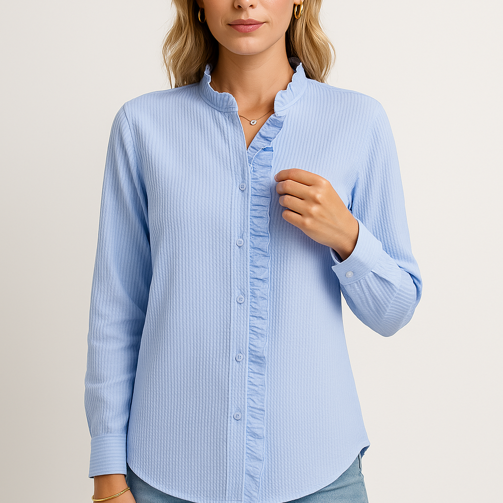 Women’s Blouse – Relaxed Fit – Textured Fabric – Long Sleeve – Button Front with Ruffle Trim