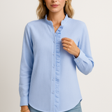 Women’s Blouse – Relaxed Fit – Textured Fabric – Long Sleeve – Button Front with Ruffle Trim