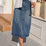 Women's Denim Skirt - High Waist Midi - Front Slit - Classic Casual Fit