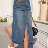 Women's Denim Skirt - High Waist Midi - Front Slit - Classic Casual Fit