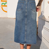 Women's Denim Skirt - High Waist Midi - Front Slit - Classic Casual Fit