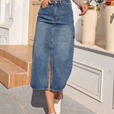Women's Denim Skirt - High Waist Midi - Front Slit - Classic Casual Fit