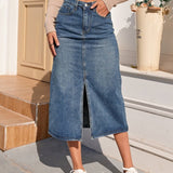 Women's Denim Skirt - High Waist Midi - Front Slit - Classic Casual Fit