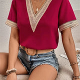 Women's Elegant Lace Short Sleeve V-Neck Blouse