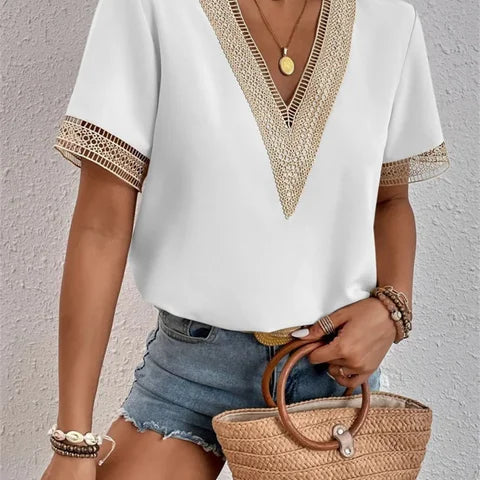 Women's Elegant Lace Short Sleeve V-Neck Blouse