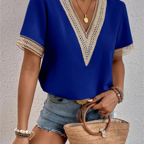Women's Elegant Lace Short Sleeve V-Neck Blouse