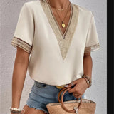 Women's Elegant Lace Short Sleeve V-Neck Blouse