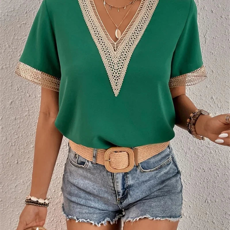 Women's Elegant Lace Short Sleeve V-Neck Blouse