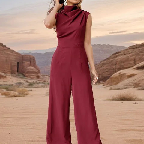 Women's casual sleeveless top with high collar and wide-leg pants set