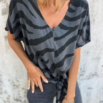 Women’s Blouse – Relaxed Fit – Tie-Front Waist – V-Neck – Short Sleeve – Breathable Blend