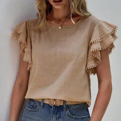 Women's eira  ruched cap sleeve round neck blouse