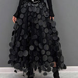 Elegant Tulle Patchwork Skirt for Women - Black Polka Dot Midi