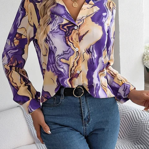 Women's Tie-Dye Marble Print Long Sleeve Blouse
