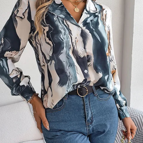 Women's Tie-Dye Marble Print Long Sleeve Blouse