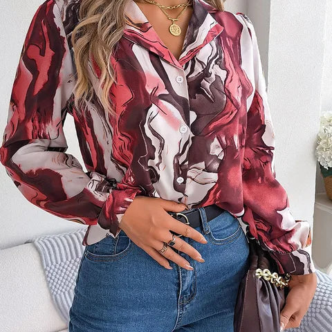 Women's Tie-Dye Marble Print Long Sleeve Blouse