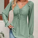 Women's V-Neck Top - Textured Fabric - Long Flared Sleeves - Ruched Front with Tie