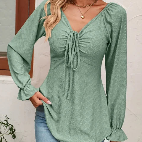 Women's V-Neck Top - Textured Fabric - Long Flared Sleeves - Ruched Front with Tie