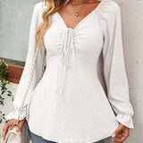 Women's V-Neck Top - Textured Fabric - Long Flared Sleeves - Ruched Front with Tie
