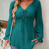 Women's V-Neck Top - Textured Fabric - Long Flared Sleeves - Ruched Front with Tie